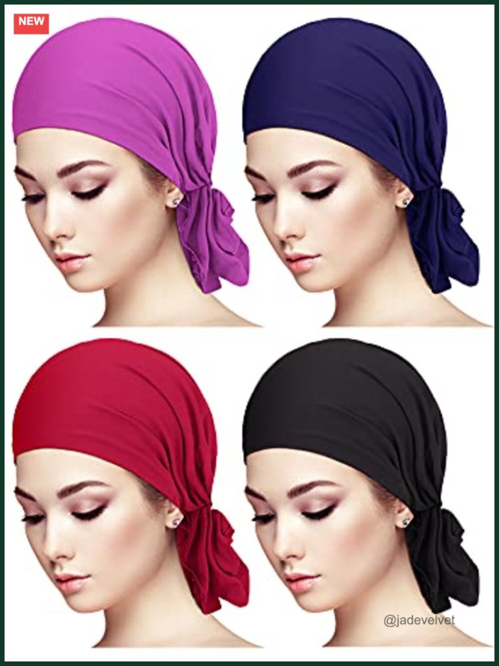 4 Pack Pre-Tied Head Scarves for Women - Slip on Turban Wraps, Soft Cotton